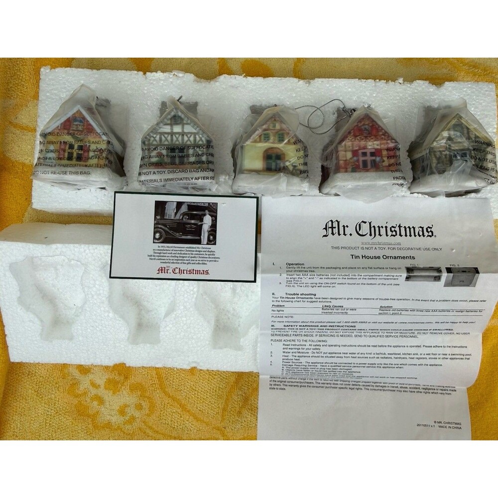 New Mr. Christmas 2011 Set Of 5 Illuminated Tin House Ornaments Light Up Holiday